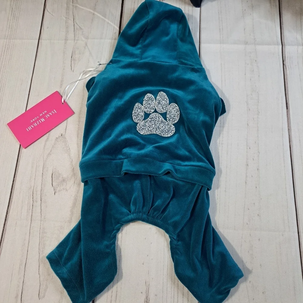 Isaac Mizrahi New York Teal Velour Dog Jumpsuit with Paw Print Size Small